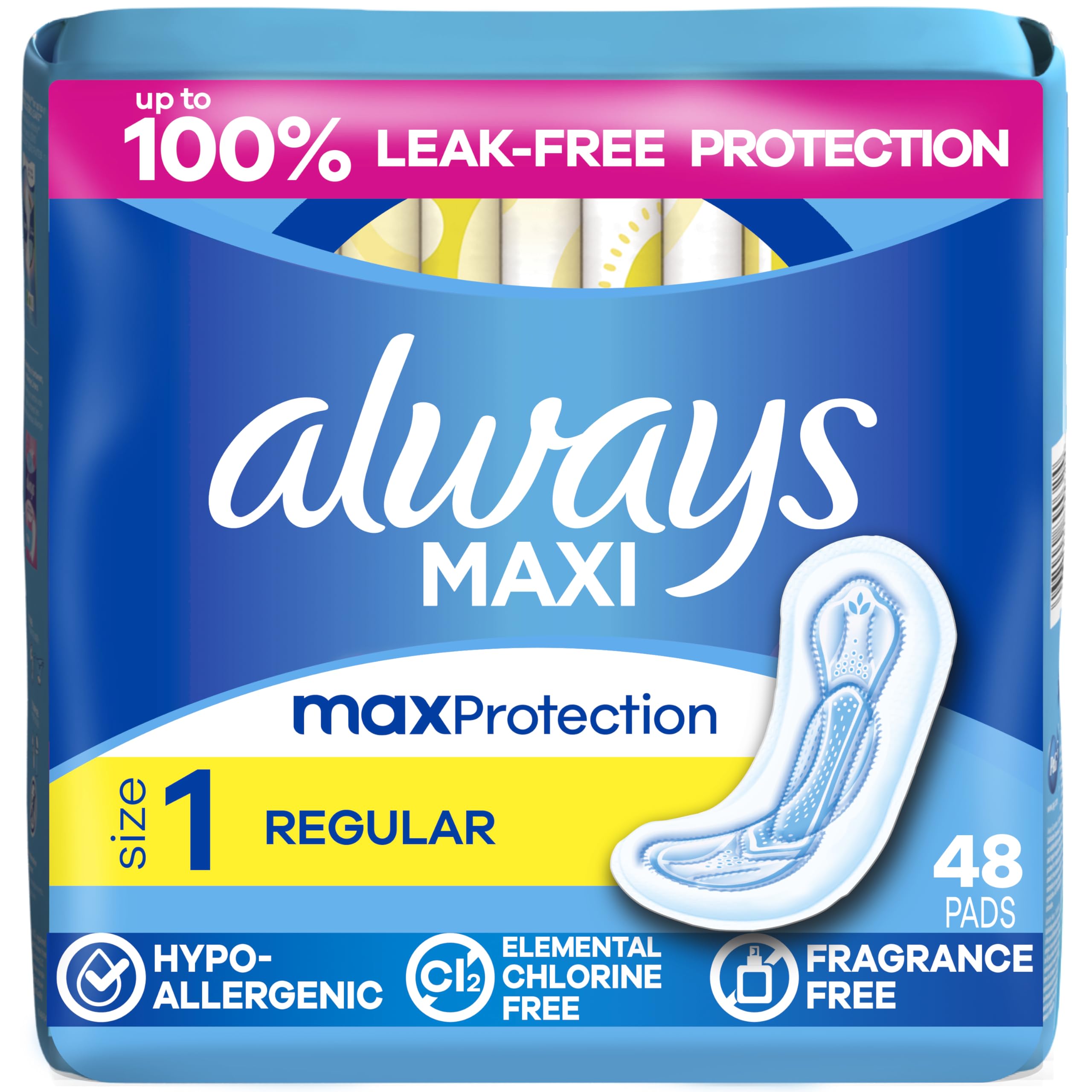 Always Maxi Feminine Pads Without Wings for Women, Size 1, Regular Absorbency, Unscented 48 Count