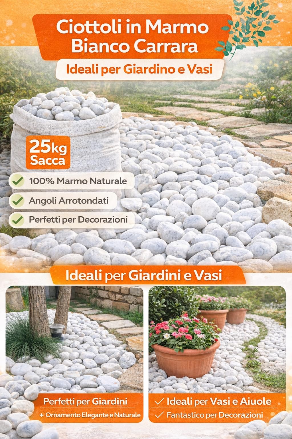 Ciottoli in marmo bianco carrara, sacca da 25kg, sassi con angoli arrotondati per decorazione ornamento giardino, pietre naturali per Vaso fiori, acquario, (Diametro 7-15 mm)