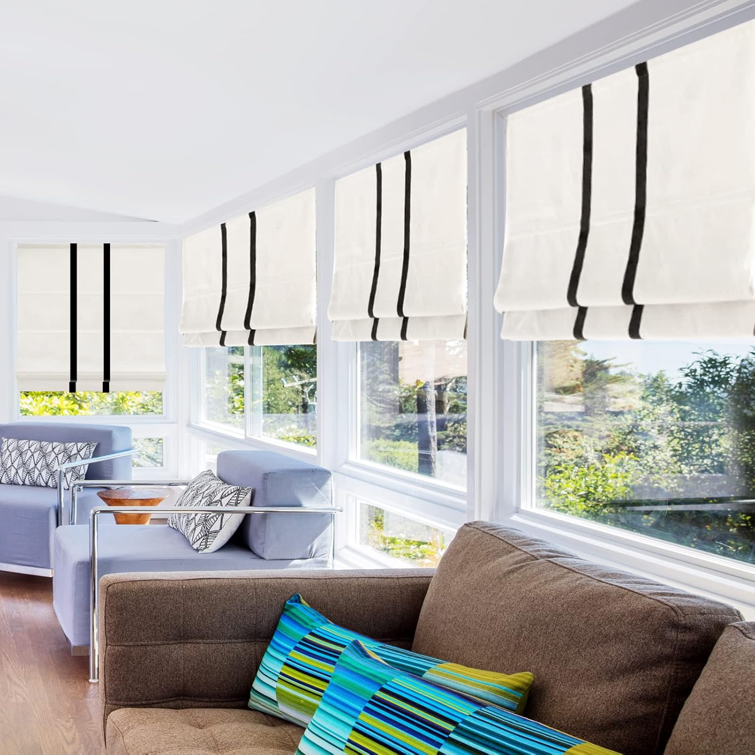 Cordless Roman Shades, White Black Trim Premium Blackout Roman Window Shades, WindowLady Custom Washable Fabric Roman Shades for Doors, Kitchen Windows (1 Piece)