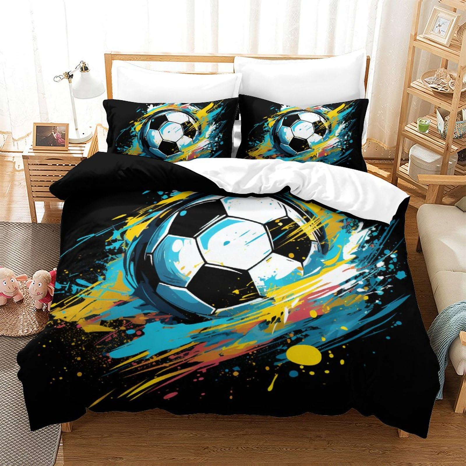 Housse de couette football 200x200 cm avec taie d'oreiller en microfibre pour lit enfant