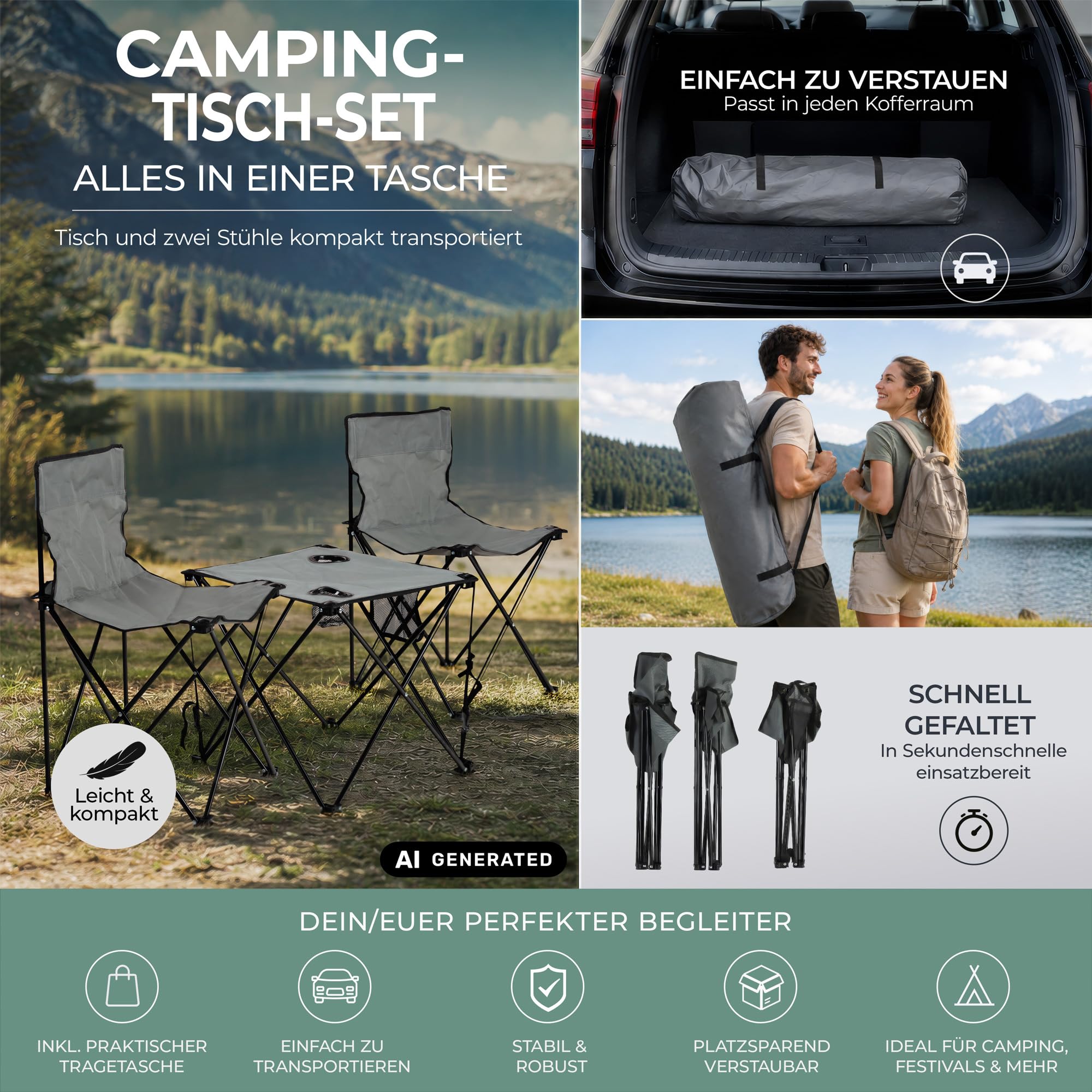 Stagecaptain CS-4547 Campingtisch-Set mit 2 Faltstühlen, Grau, Tasche