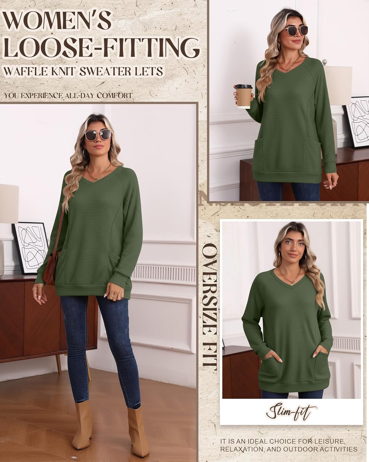 Women's Long Sleeve Shirts Waffle Knit Tunic Tops Oversized Sweatshirt Casual Blouses V Neck Pullover Sweaters - Image 5