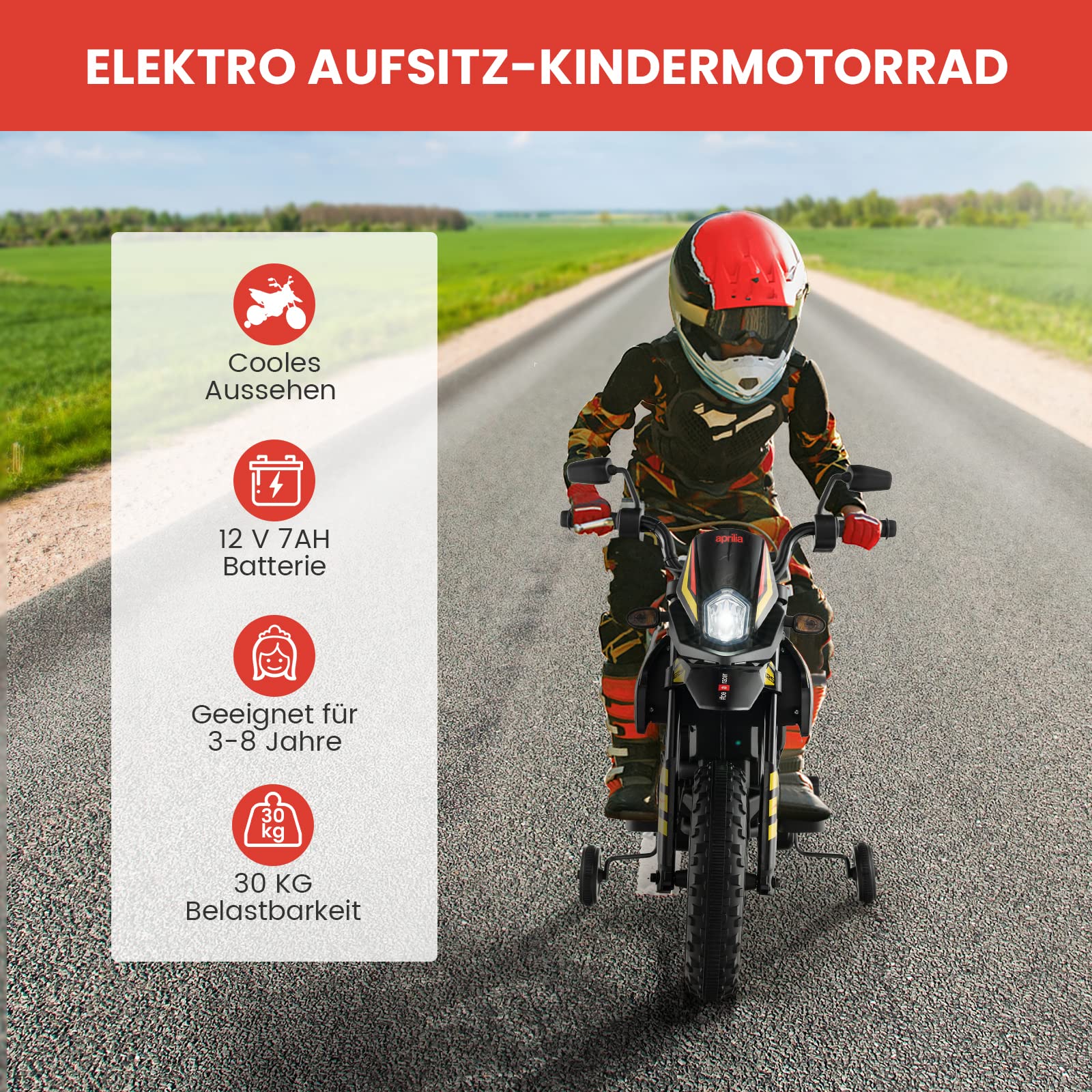 COSTWAY Aprilia Elektro Motorrad Kinder, 12V Kindermotorrad mit Stützrädern & Musik & Scheinwerfer, 5,5-6 km/h, geeignet für Kinder von 3 bis 8 Jahren (Schwarz)