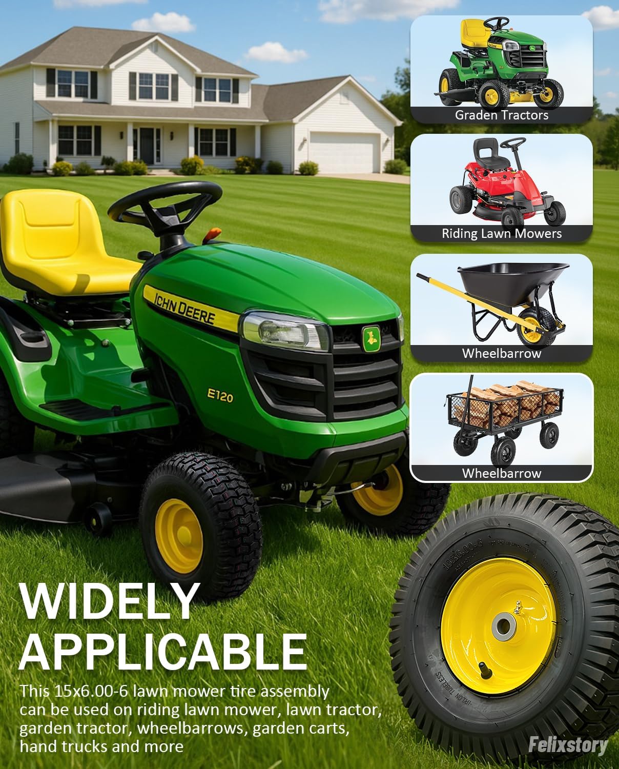 15x6.00-6 Lawn Mower Tire and wheel,15x6-6 Tubeless Riding Mowers Lawn Tire with 3" Offset Hub, 3/4" Bearing,Replacement for Craftsman,Troy - Bilt,John Deere,Cub Cadet Riding Mowers, 2PCS
