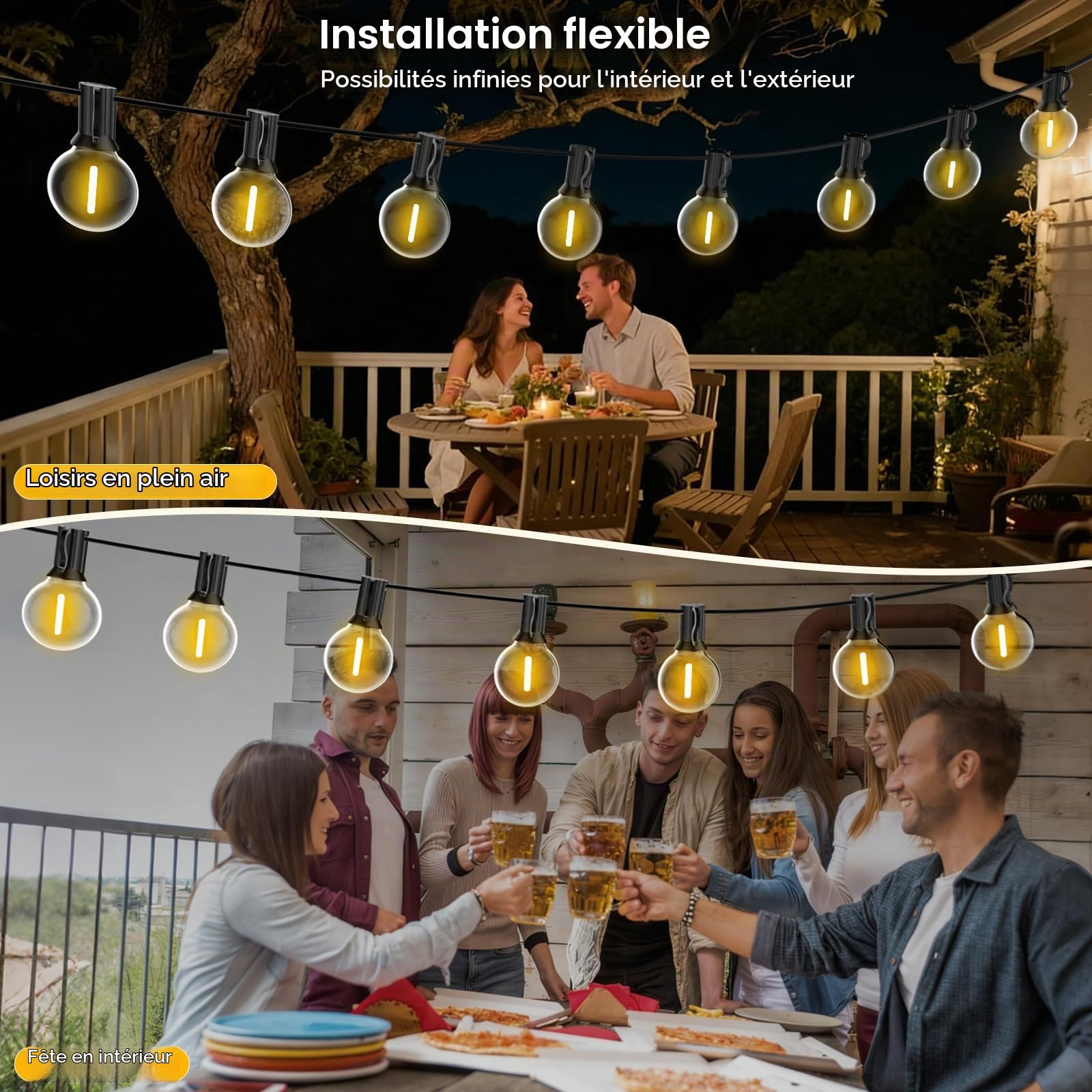Guirlande Lumineuse Exterieure Dimmables, 30M Guirlande Guinguette Exterieur avec Télécommande, 50+2 Ampoules, IP45 étanche, 2700K Blanc Chaud pour Patio, Terrasse, Mariage, Camping, Fêtes