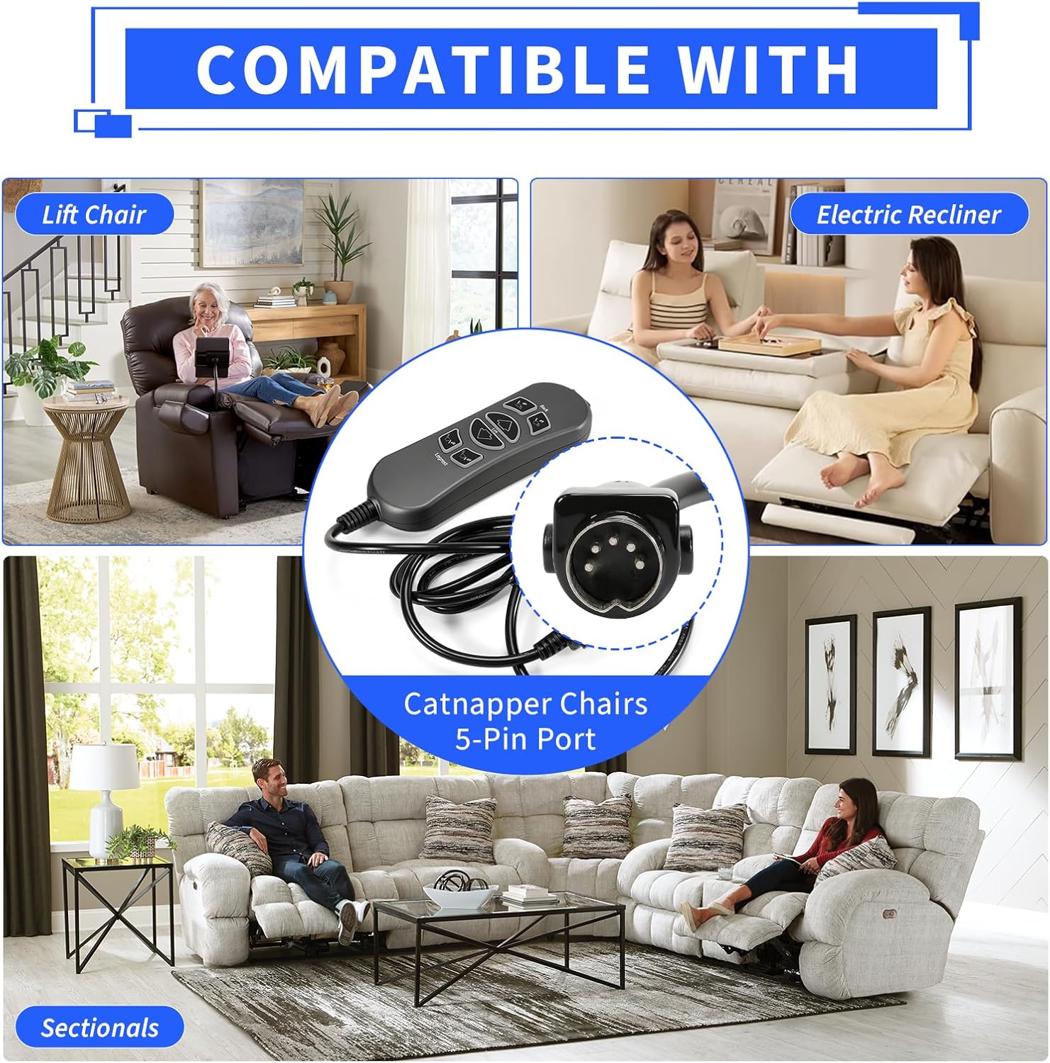 MLSK89-A2 6 Button 5 Pin Prong Remote Controller w/USB & Backlit Compatible with Catnapper Lift Chair, Electric Recliner and Sectionals, Hand Control Handset (Black) for Power Recliner
