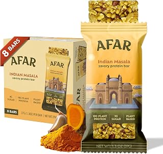 Afar Savory Protein Bars – Low Sugar, High Protein – Healthy Snacks for Adults – Meal Replacement Bar – Rice Crispy Texture – Vegan, Gluten Free (8 Bars, Indian Masala)