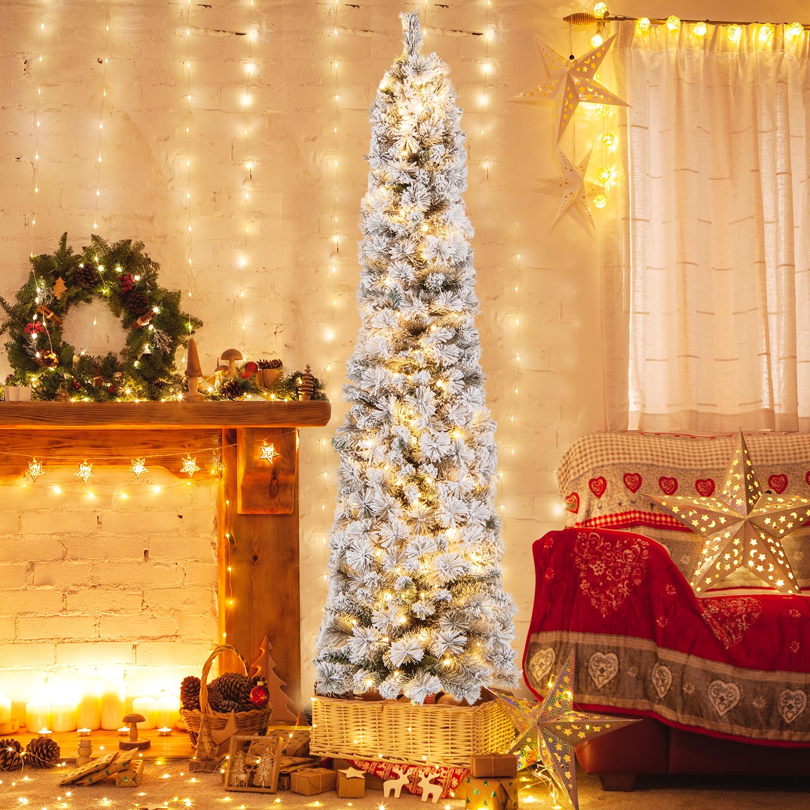 COSTWAY 180 cm Bleistift Weihnachtsbaum mit Schnee, Tannenbaum künstlich mit Beleuchtung, 150 LEDs in warmweiß, Christbaum schmal mit Metallständer, Kunstbaum Weihnachten PVC, Weiß