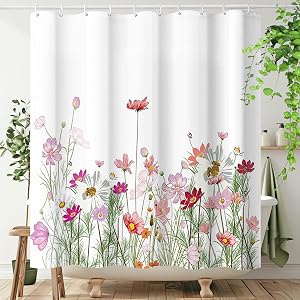 Floral Garden Cosmos Shower Curtain Set, Flower Bathroom Curtain 72 x 72 Inch Rideau Douche with 12 Hooks