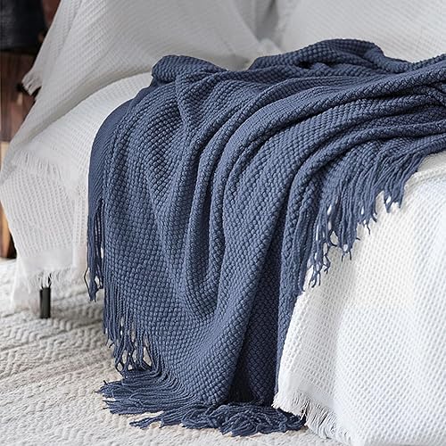 Miniatura 6 de LOMAO Manta de punto con borlas con textura de burbujas, manta ligera y suave para funda de sofá, decoración del hogar (azul marino, 50 x 60