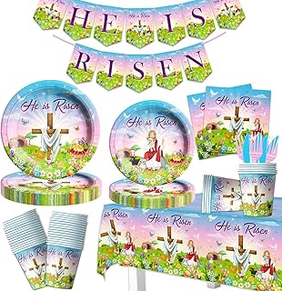 He is Risen Easter Party Decorations - Religion Easter Tableware Set He is Risen Paper Plates,Napkin,Banner Christian Easter Holiday Party Supplies for Spring Easter Party Favor