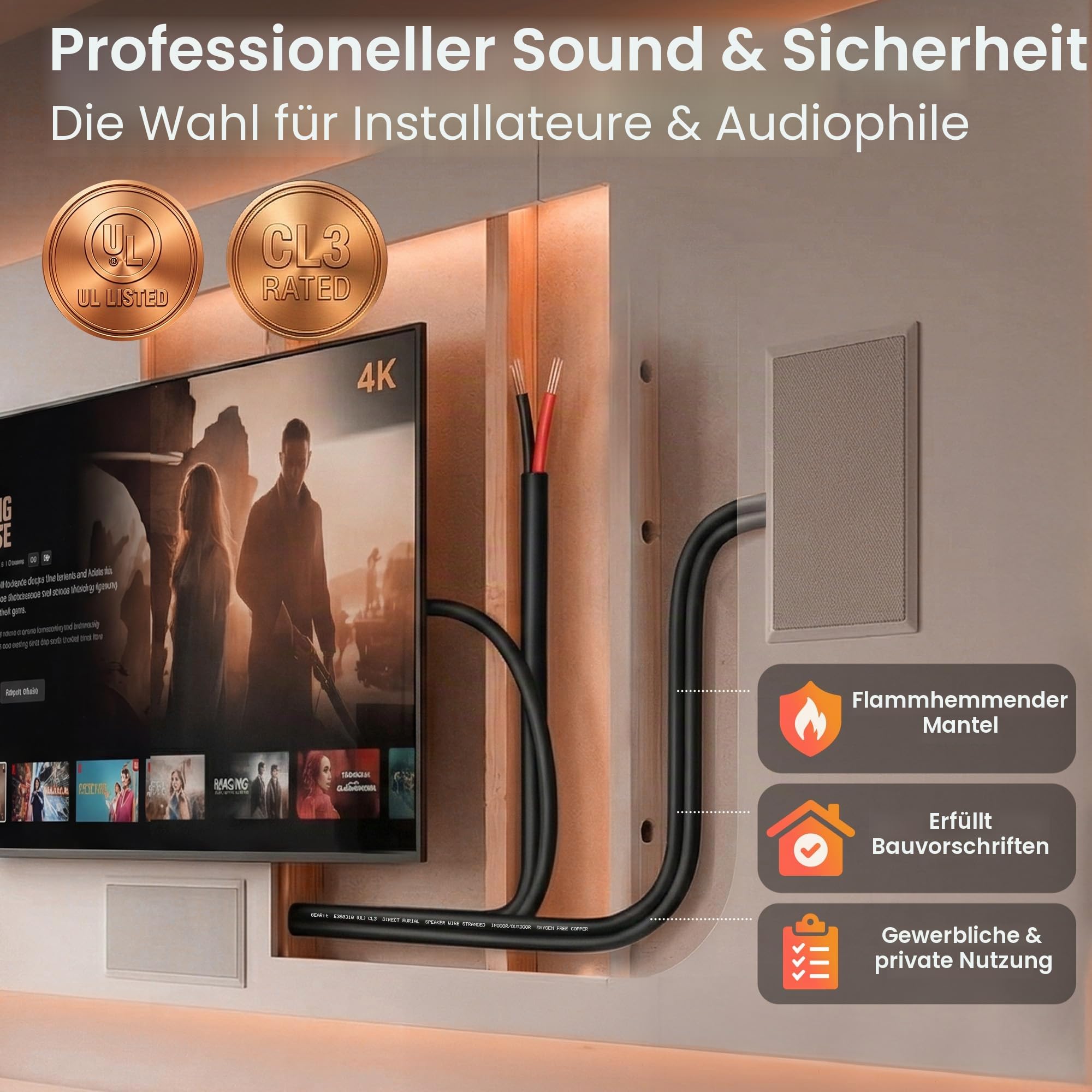 GearIT Outdoor Lautsprecherkabel OFC 2x2.5mm²(76.2 Meter Schwarz)Sauerstofffreies Kupfer Hi-Fi Audiokabel für Direktverlegung im Erdreich/in der Wand/CL3 CL2 bewertet/2-adrig 14AWG, 250 Fuß