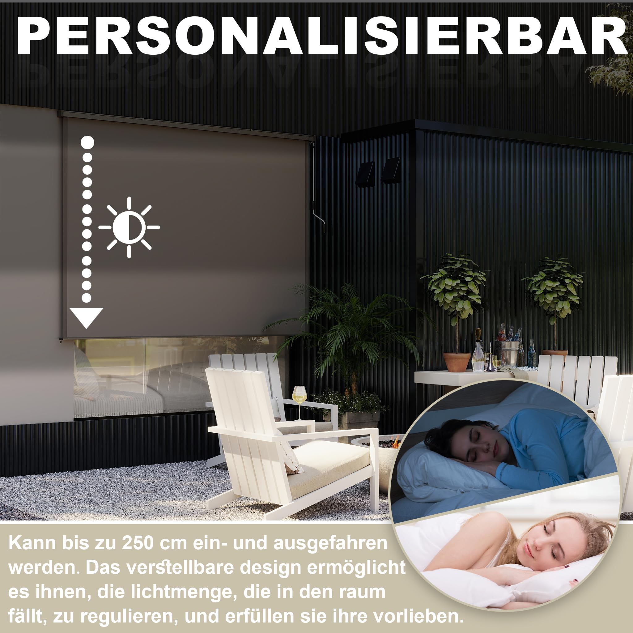 YRHome Rolgordijn voor buiten, verticaal zonnescherm, balkonrolgordijn, 180 x 240 cm, balkonluifel, zonwering, 100% ondoorzichtig, uv-bestendig, inkijkbescherming, rolgordijn, windscherm, schaduw