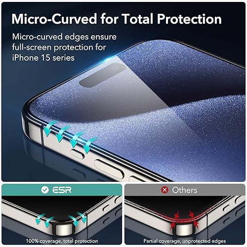 Miniatura 3 de ESR Juego de 3+2 protectores de pantalla Armorite para iPhone 15 Pro Max, vidrio templado ultra resistente, marco de fácil instalación, paquete de 3