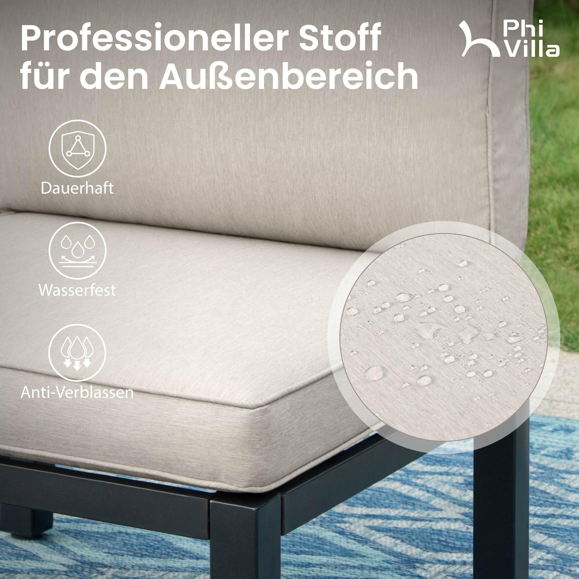 PHI VILLA Gartenmöbel Balkonmöbel Set 6 Teilig, Metall Lounge Möbel Outdoor Gartenlounge Set 6-Sitzer, Terrassenmöbel Modulare Möbel mit Verstärkten Kissen und Kaffeetisch, Beige