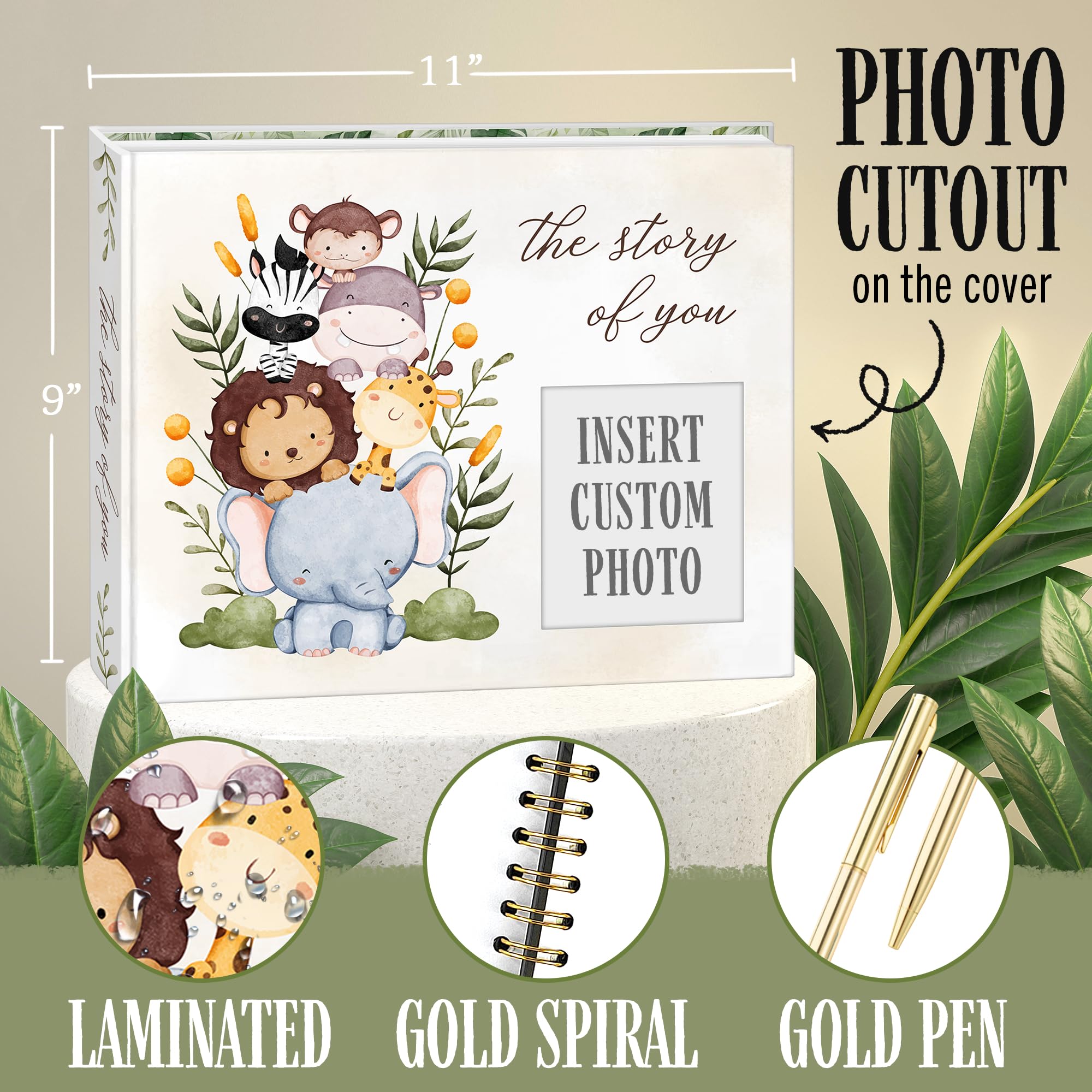 Baby-Erinnerungsbuch – "The Story of You" Erinnerungs-Tagebuch mit Fotoschlitz, Zoo-Tier-Design, Goldstift, flache Bindung, Geschenkbox – 90 farbige Seiten, 22,9 x 29,8 cm