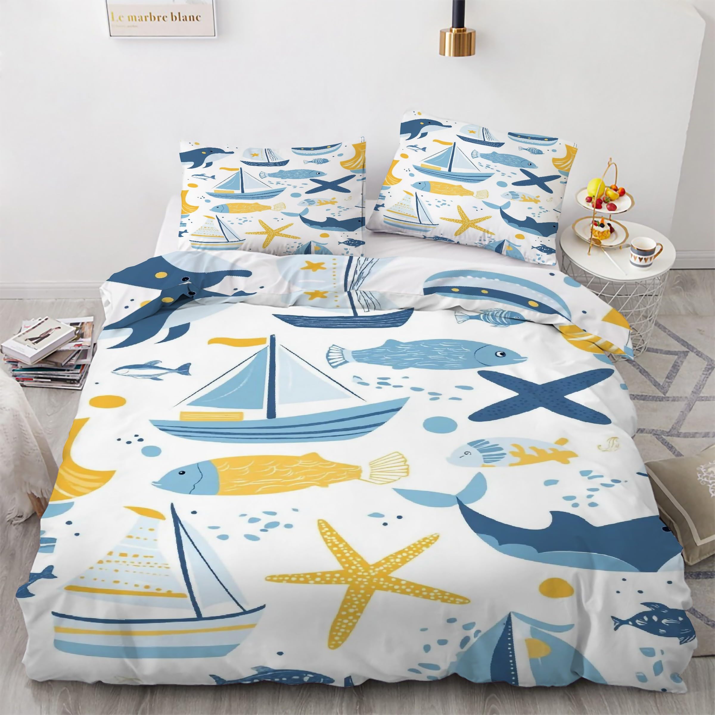 Parure de lit 90x190 étoile de mer avec housse de couette et taies d'oreiller