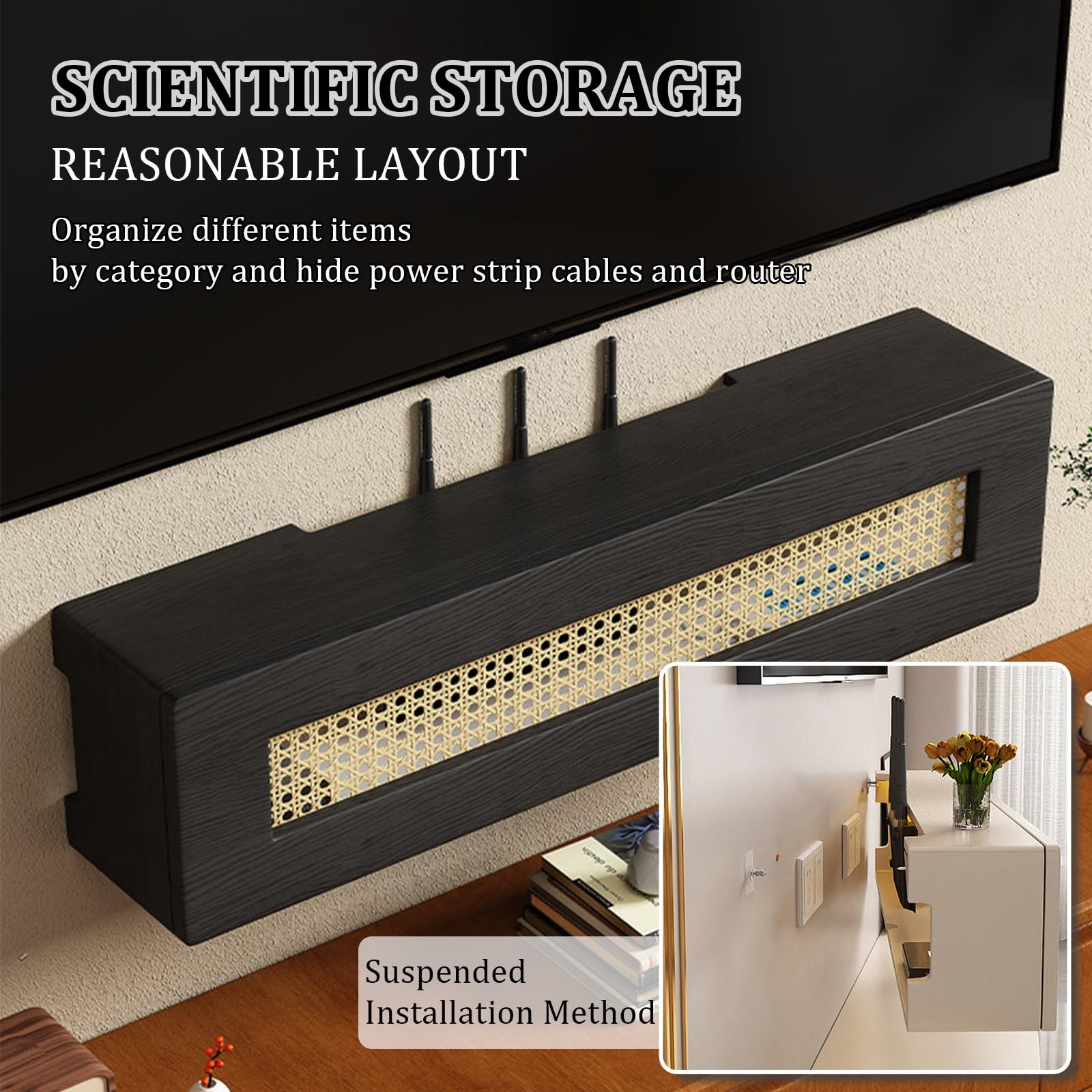 Fixation Murale Armoire De Rangement pour Routeur WiFi, Multiprise Et Organiseur Gestion des Câbles, Boîtier Modem sur Pied Bureau À Domicile(Nero,60 * 20 * 20cm)