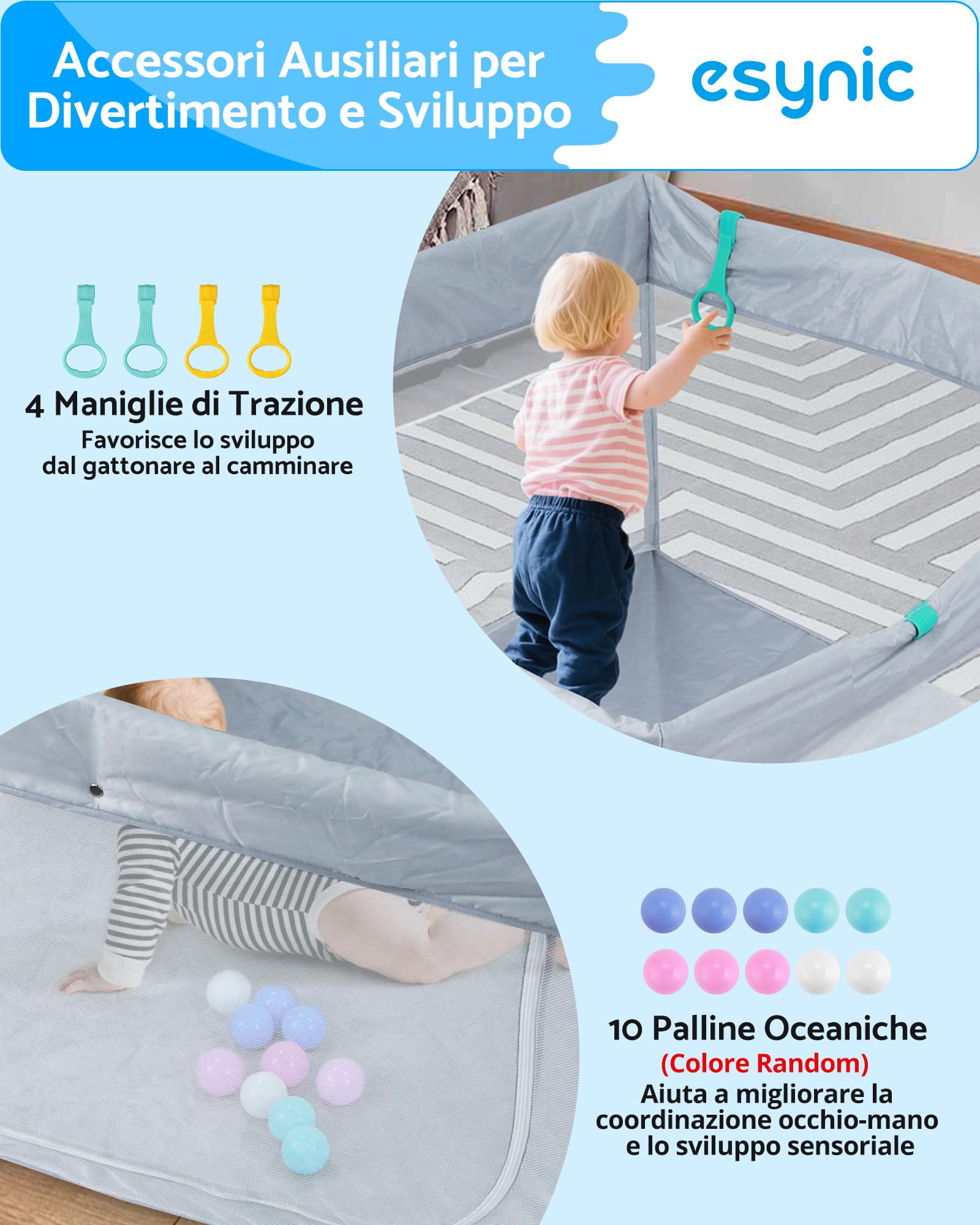 eSynic Playpen Bambini 120x120 cm Pieghevole con Pallini e Maniglie, Recinto Neonati Modulare, Porta Zip, Borsa Viaggio - Grigio