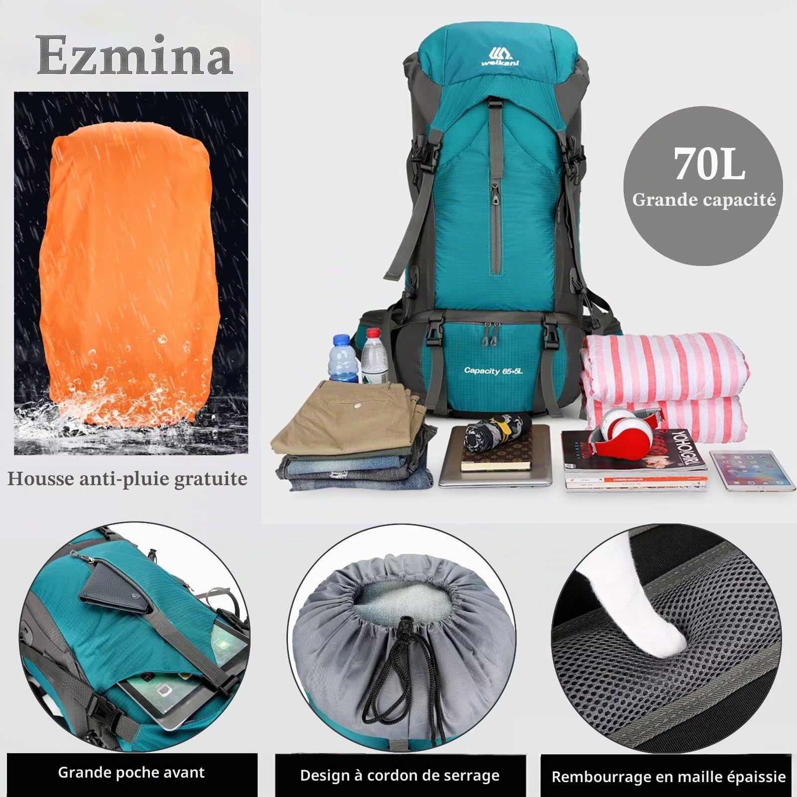Sac à dos de randonnée de 70 l avec housse de pluie - Léger - Pour homme et femme - Grand sac de randonnée imperméable - Pour randonnée, escalade, sports de plein air - Alpinisme