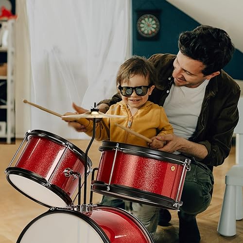 Miniatura 7 de Ktaxon Juego de batería de 3 piezas, kit de batería para principiantes de 14 pulgadas con taburete de trono, pedal y 2 pares de baquetas, Rojo