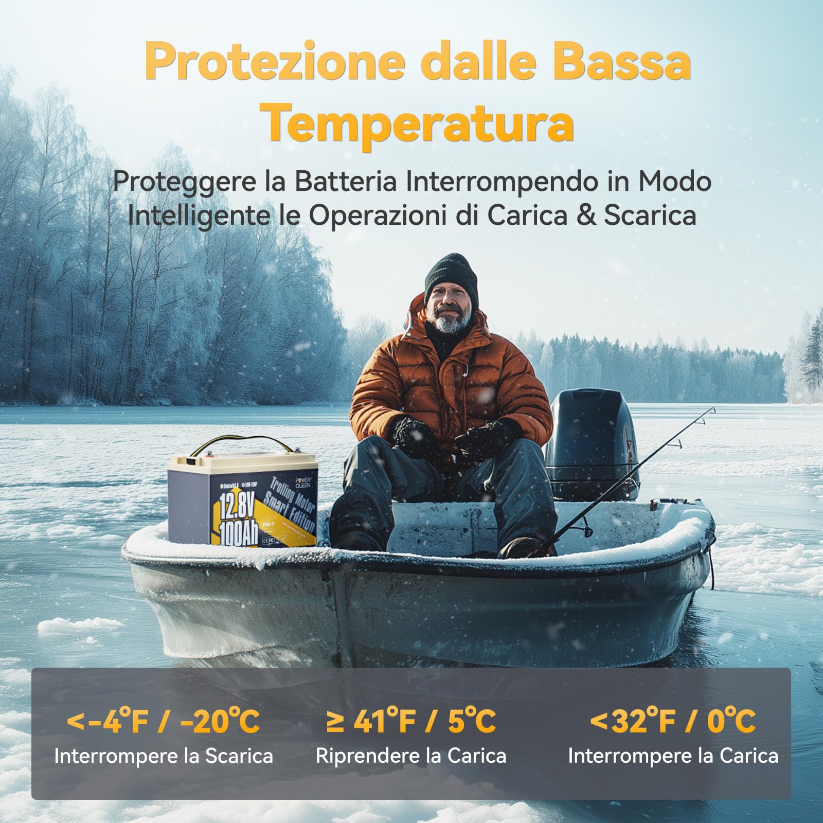 Power Queen Batteria al litio per uso marino da 12V 100A | 100A BMS, Bluetooth, IP65, Prot. basse temp., fino a 15000 cicli, Energia 1280Wh, per Trolling Motor, piccoli pescherecci