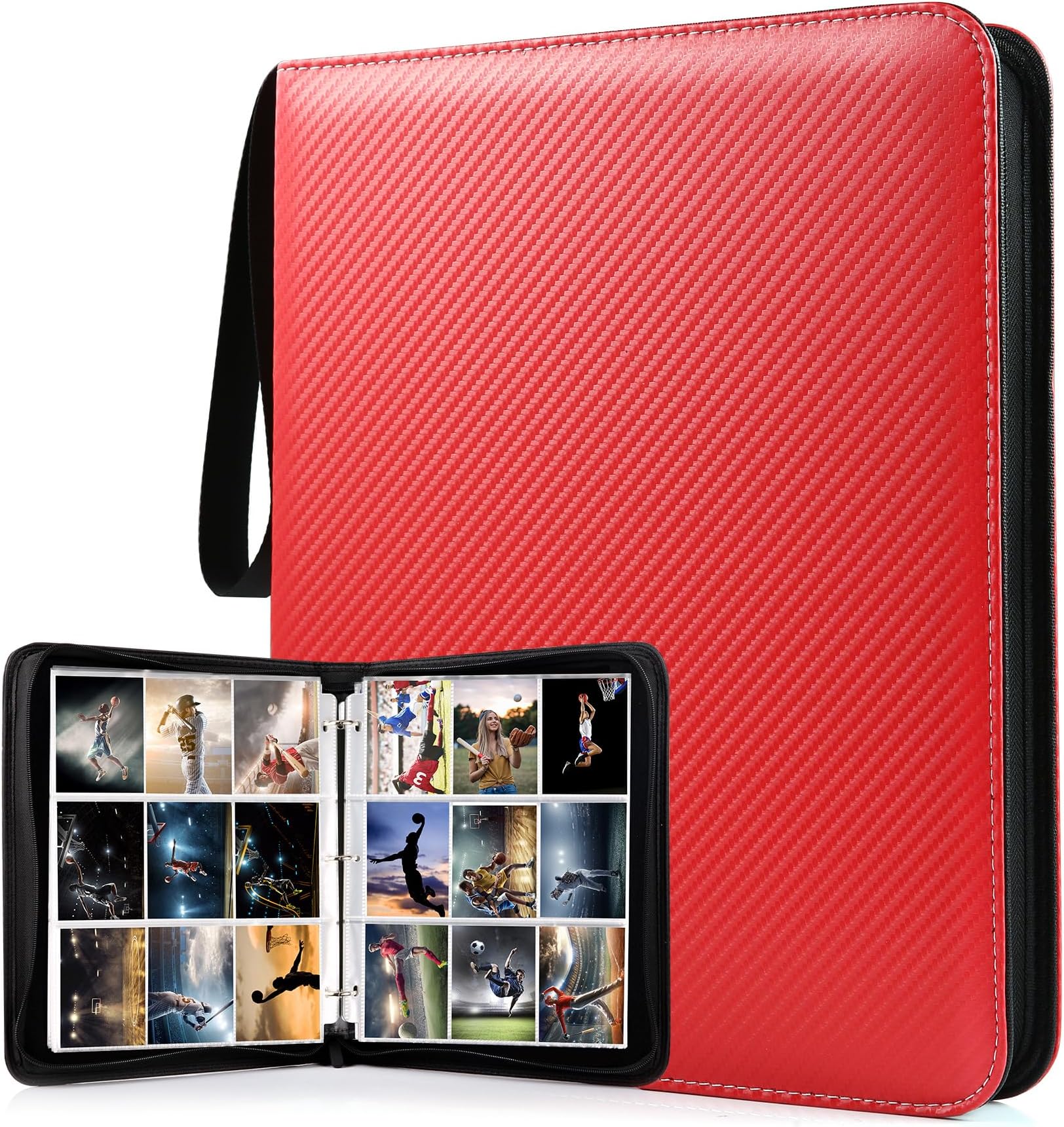 WOT I Trading Card Binder, 900 Pockets Baseball Card Binder Sleeves with Zipper, Double Sided Pockets Card Holder Carry Card Case for Baseball Card, Football Card(Red)