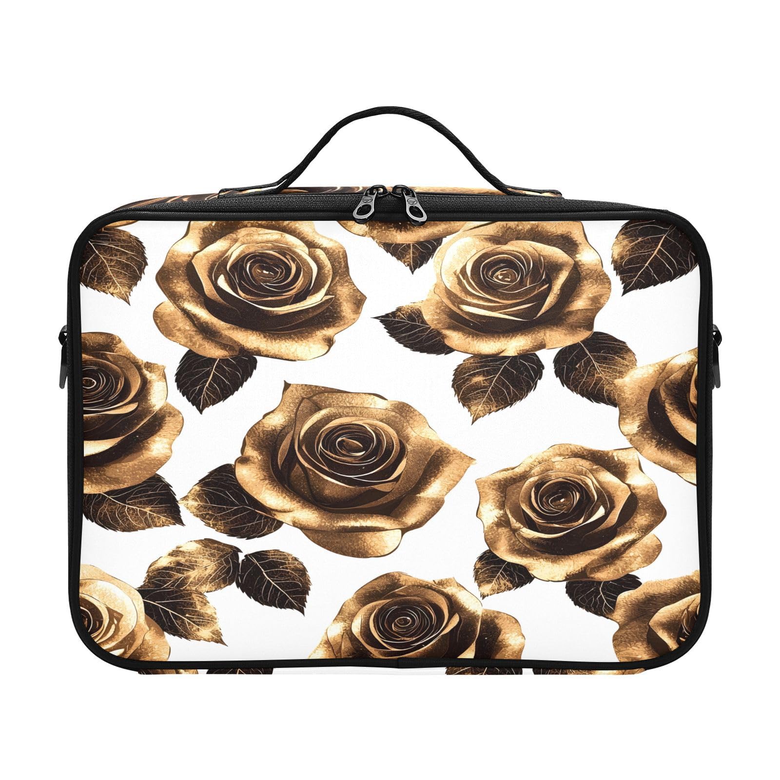 zyrtty Travel Makeup Train Case Brown Gold Leaves Flower Cosmetic Organizer Portable Storage Bag with Adjustable Dividers for Cosmetics Brushes Toiletry Jewelry Digital Accessories