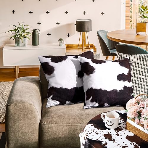 Miniatura 2 de Juego de 3 alfombras con estampado de vaca y fundas de almohada de piel de vaca de 3.6 x 2.5 pies, alfombra de piel de vaca sintética, alfombra de