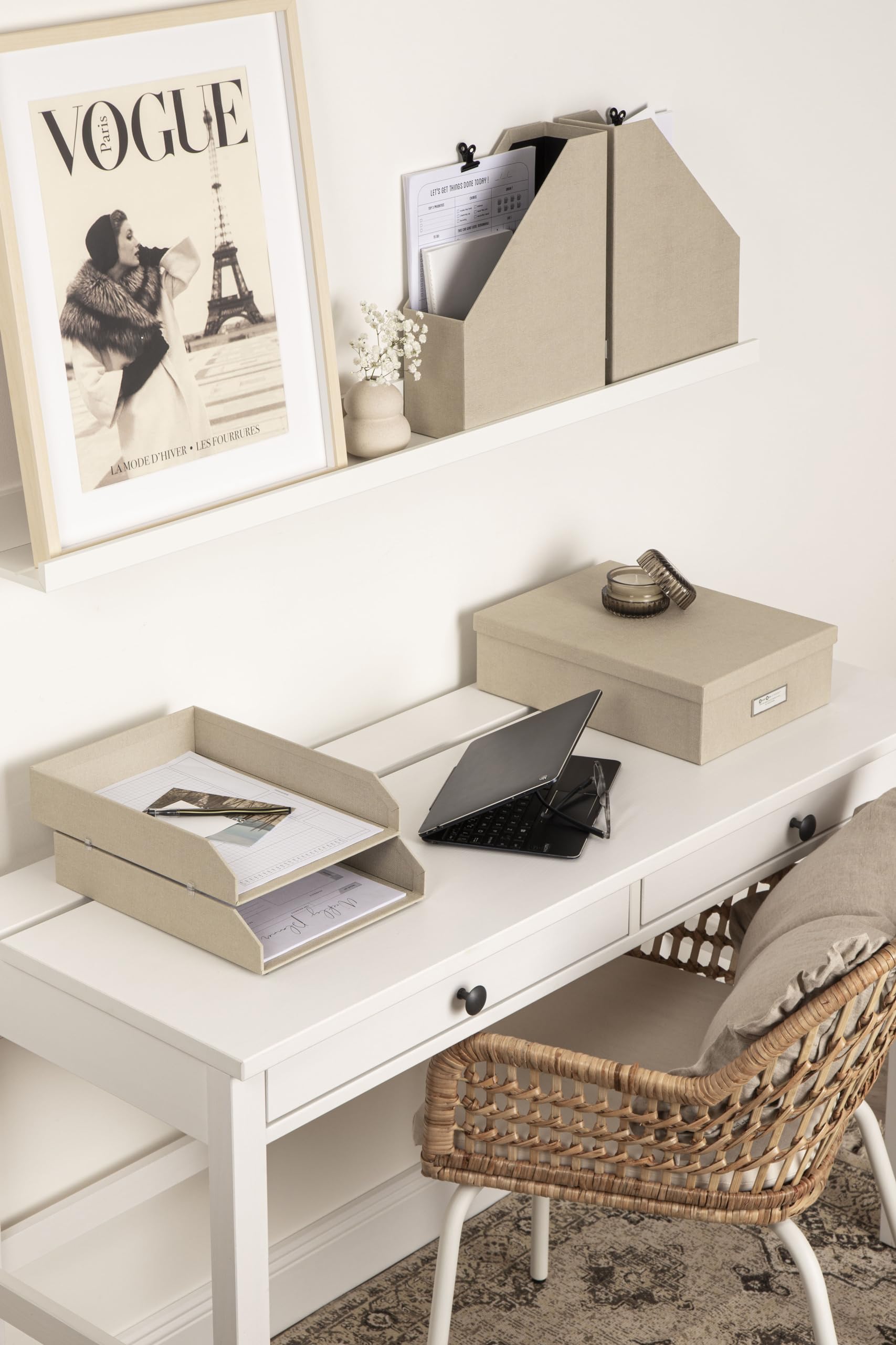 BIGSO HOLGER 5-teiliges Schreibtisch Set – Ordnungssystem mit 2 Stehsammlern, 2 Briefablagen und einer Box – Organizer aus Faserplatte und Papier in Leinenoptik – beige
