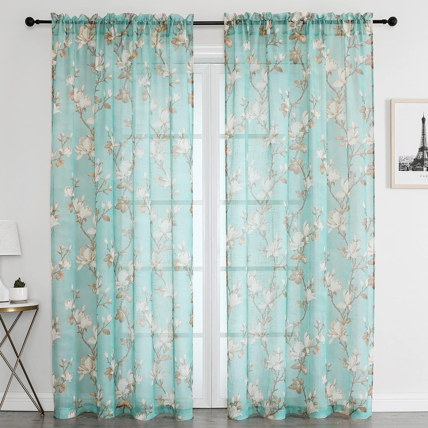 SMILE WEAVER Turquoise Sheer Curtains 45 inch Length 2 Panels for Living Room,Floral Semi Sheer Curtain-Rod Pocket Voile Linen Textured Privacy Light Filtering Window Drapes for Bedroom