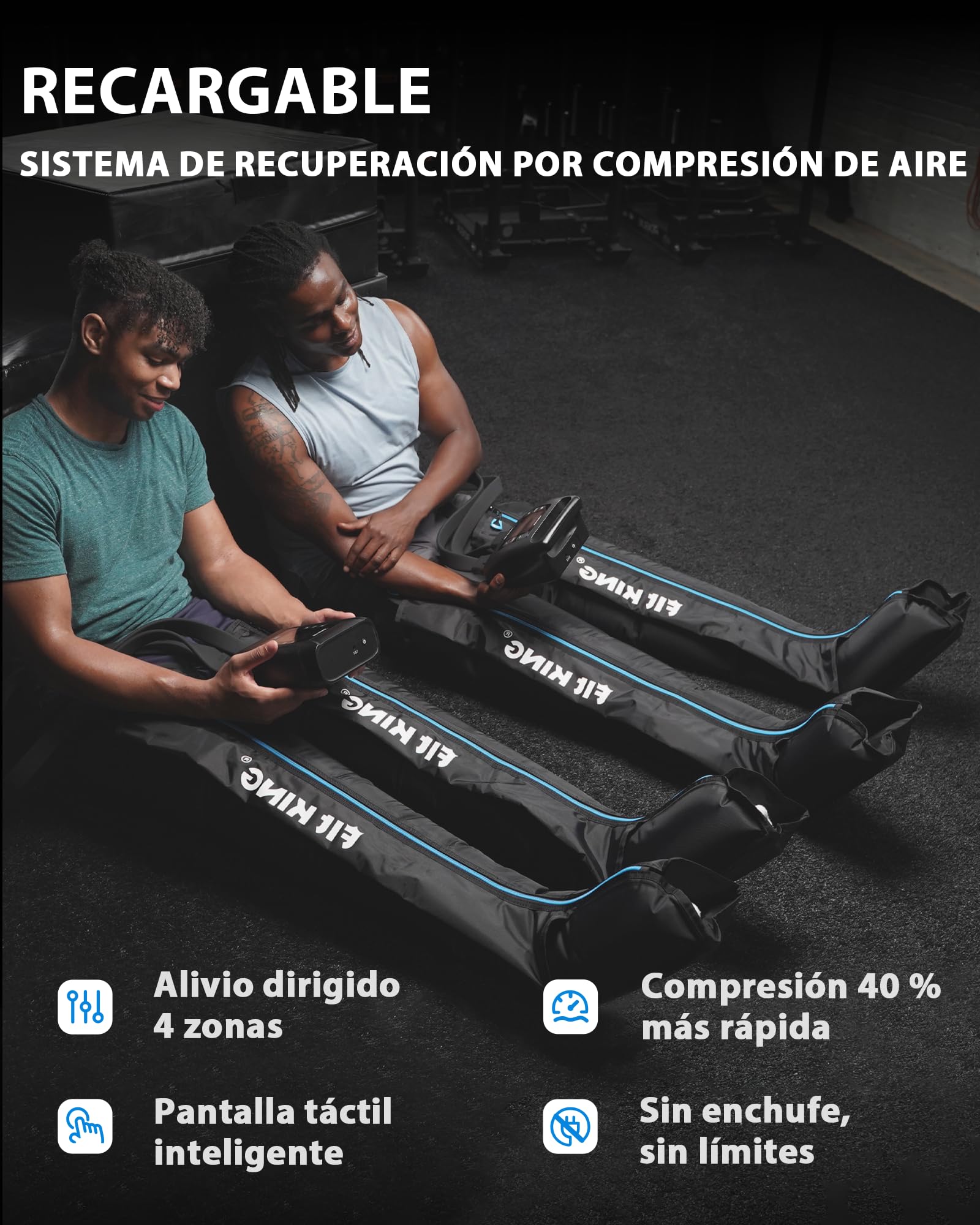 FIT KING Inalámbrico Masajeador de Piernas, Botas Presoterapia para Piernas Recargable Masajeador para el Dolor y la Circulación Sistema de Recuperación Rápida Relajación Post-Entrenamiento(Medio)