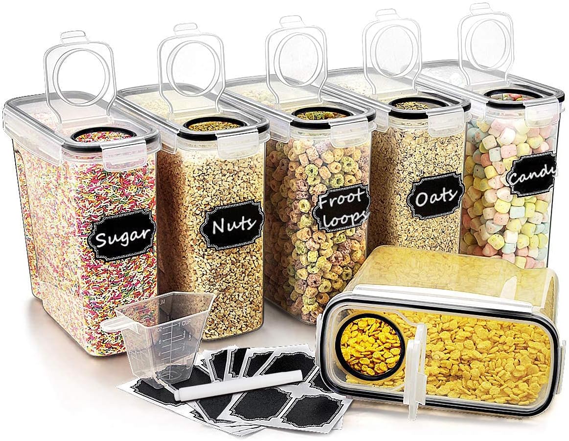 WildoneLarge Cereal & Dry Food Storage Containers, Airtight Cereal Storage Containers for Sugar, Flour, Snack, Baking Supplies, Leak-Proof with Black Locking Lids - Set of 6 (4L /136.7oz)