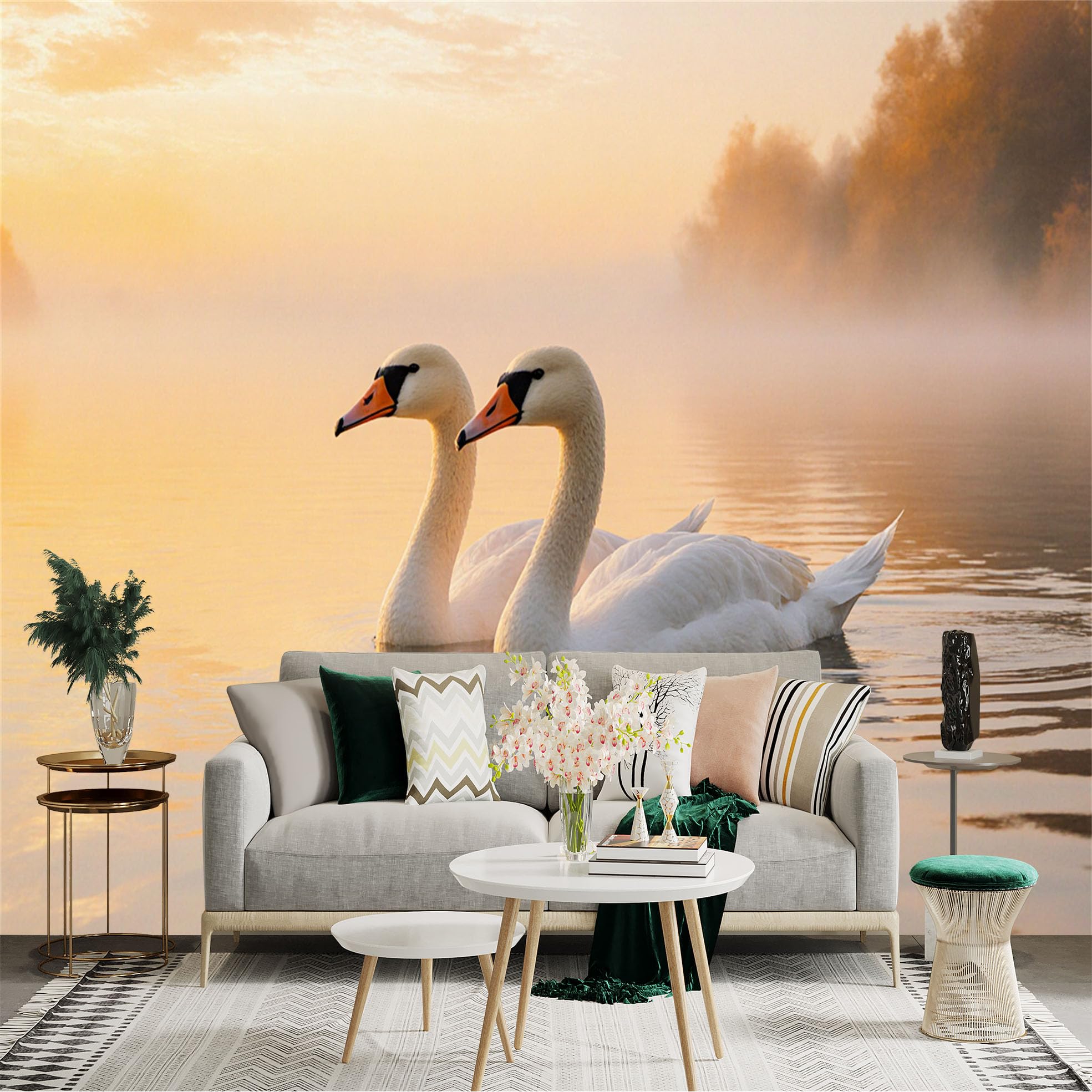 Lnzczhyre Xc260505300 Custom Size Wall Sticker Mural， Two Elegant Swans Gliding On Misty Lake， Serene Golden Sunrise Scenery， For Wall Decoration， Peelandstick Wall Decals.