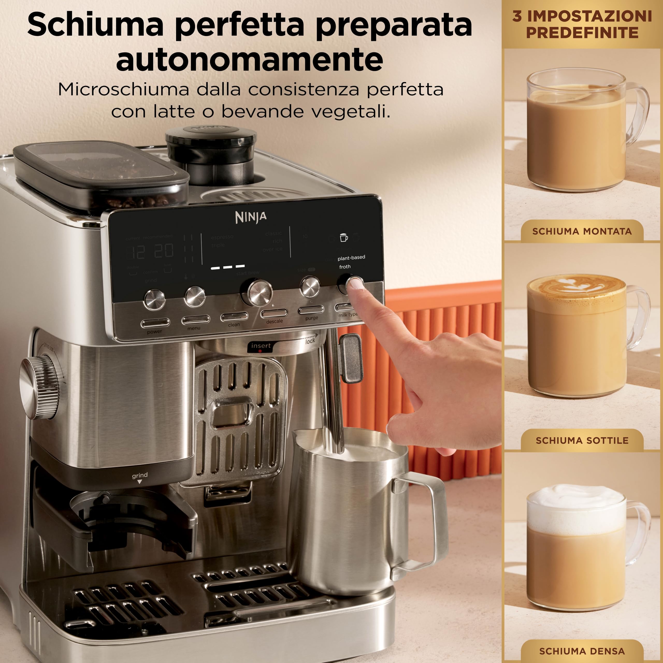 Ninja Luxe Café Mini 2-in-1, Macchina da caffè filtro ed espresso con macinacaffè integrato e montalatte automatico ES351EU