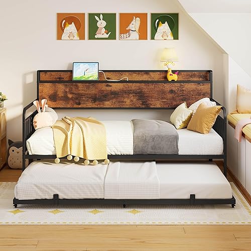 LIKIMIO Daybed with Trundle, Metal Twin Bed Frame with Charging Station & Storage Headboard, Sturdy Noise-Free Day Bed for Bedroom, Guest Room, Living Room