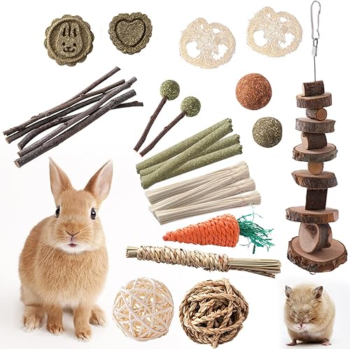 14 piezas de juguetes de conejo, juguetes para masticar, juguetes de hámster para dientes, madera de manzana natural, palitos de heno Timothy,