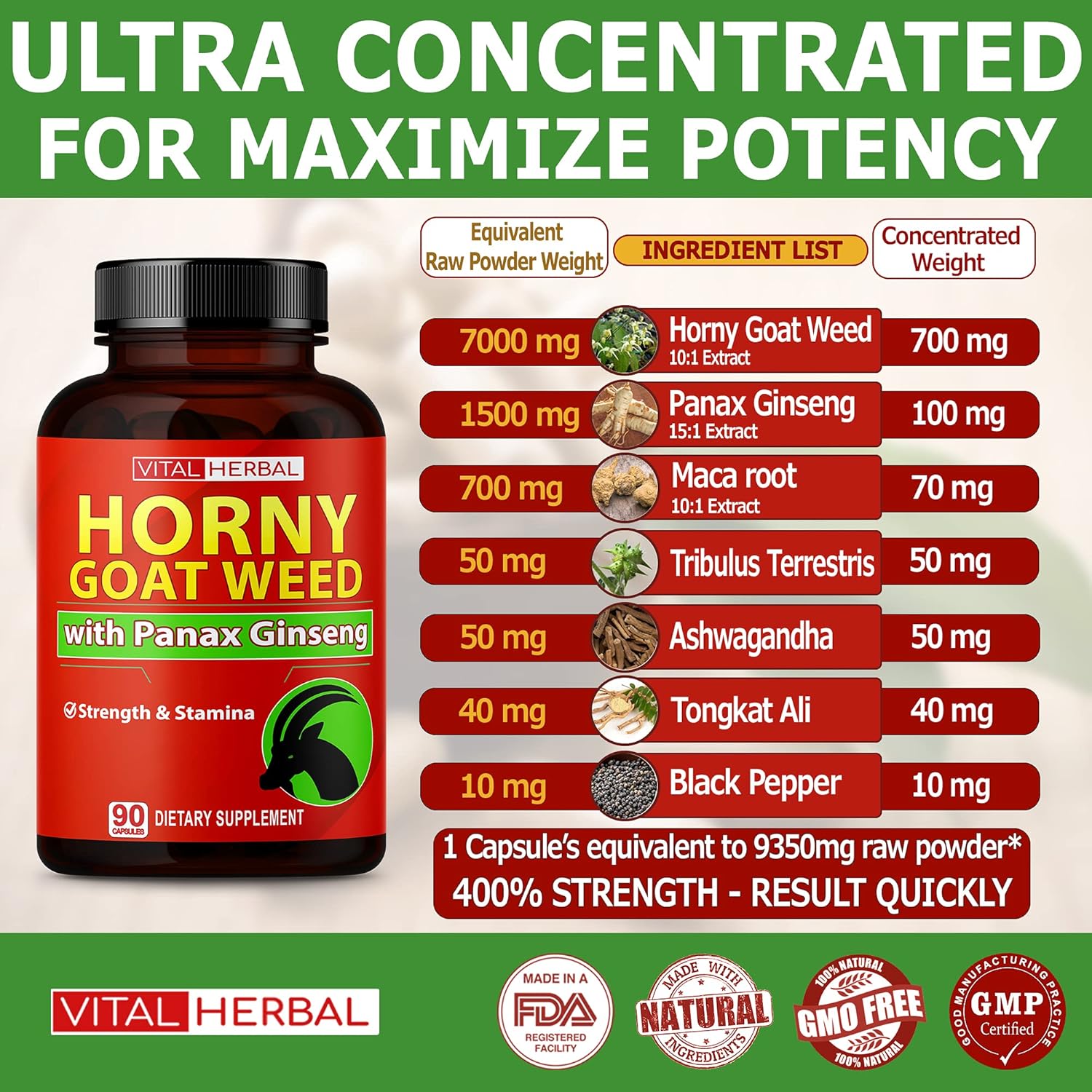 7 in 1 Ultra Horny Goat Weed with Panax Ginseng Capsules 9350 mg - Maximum Strength with Ashwagandha Tribulus Maca Root Enhance Energy Stamina for Men Women 1 Bottle - 3 Month Supply : Health & Household