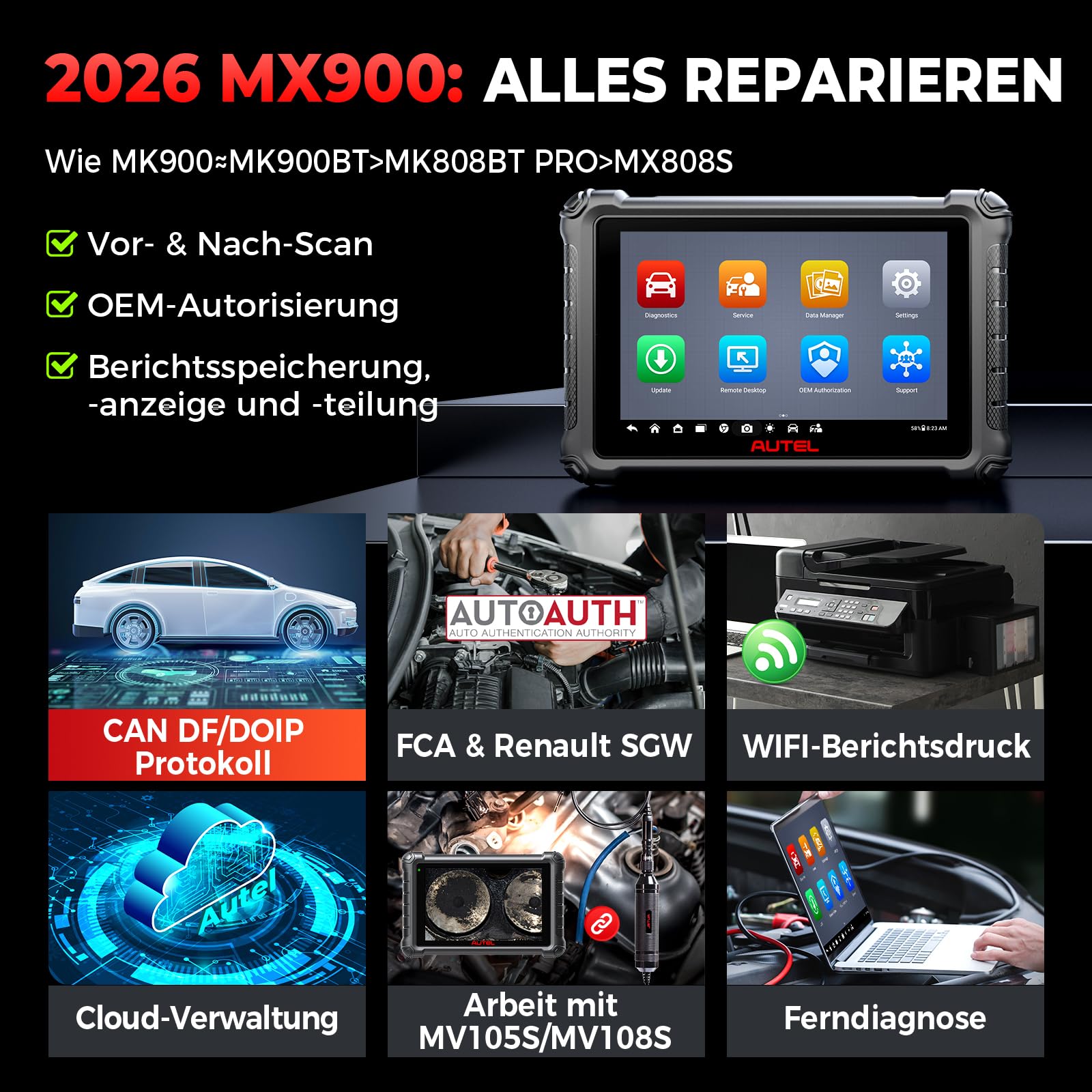 Autel MaxiCheck MX900 OBD2 Diagnosegerät Auto, 2025 Funktion wie MK900 MK900BT, Upgrade MaxiCOM MK808BTPRO MK808S MX808S Diagnosegerät für Alle Fahrzeuge, 3000+ Aktive Test,DoIP&CANFD, 40+ Dienst,OS11
