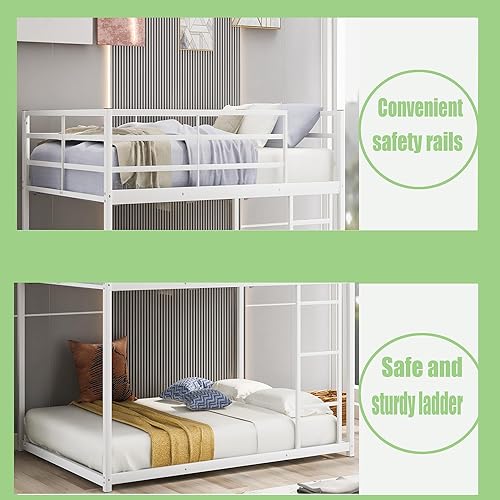 Miniatura 17 de Literas de metal de tamaño matrimonial sobre matrimonial, litera baja de metal con escalera para niños, adolescentes y adultos, marco de cama Negro