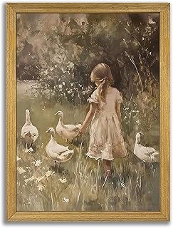 Wood Framed Canvas Wall Art, Vintage Girl with Ducks Painting Poster, Countryside Pastoral Landscape Print Picture, Rustic Farmhouse Wall Decor for Living Room Bedroom Nursery 12x16 inch