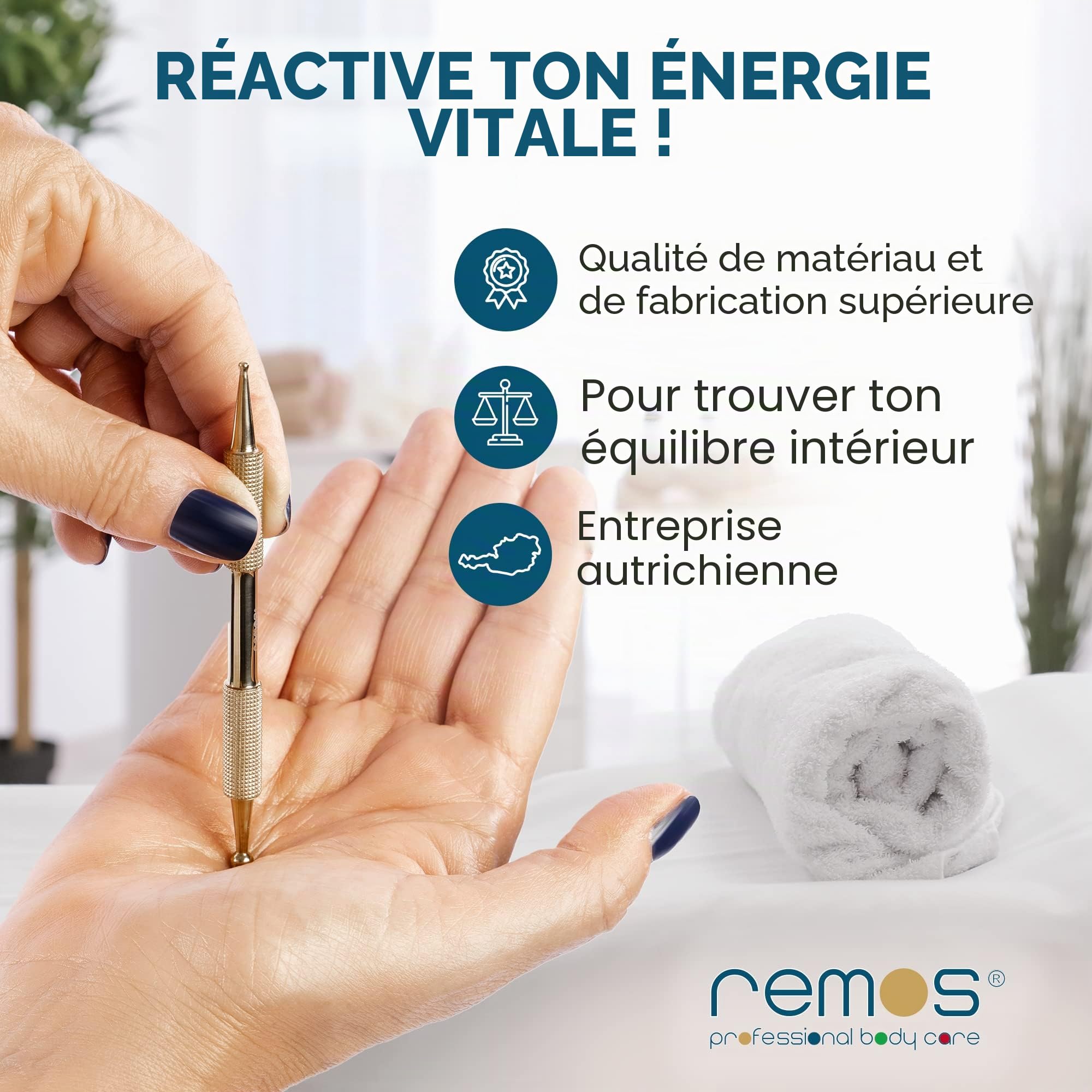 REMOS Bâton d'acupressure et méridien -laiton- 10cm Ø-boule 2.5/4.5 mm