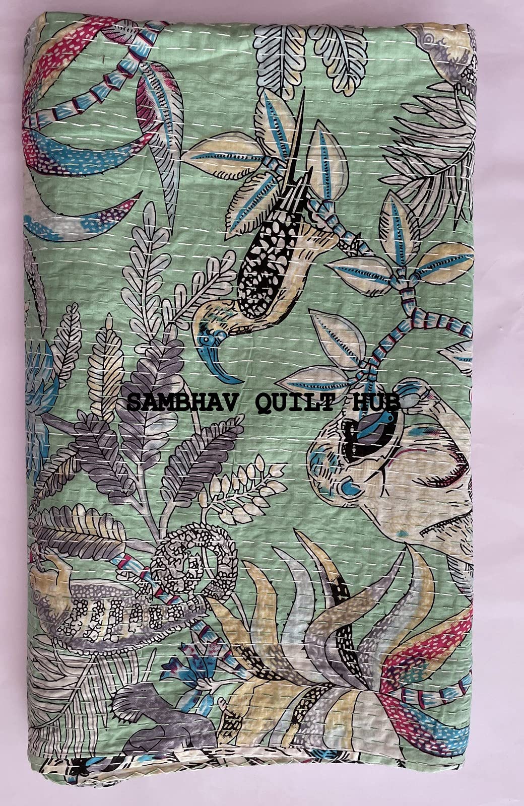 Sambhav Quilt Hub Handblok Jungle Tijger Print Handgemaakte Katoen Kantha Quilten Gooi Deken Hippie Queen/King Size Bohemian Dierenblok Kantha Quilt ( Groen