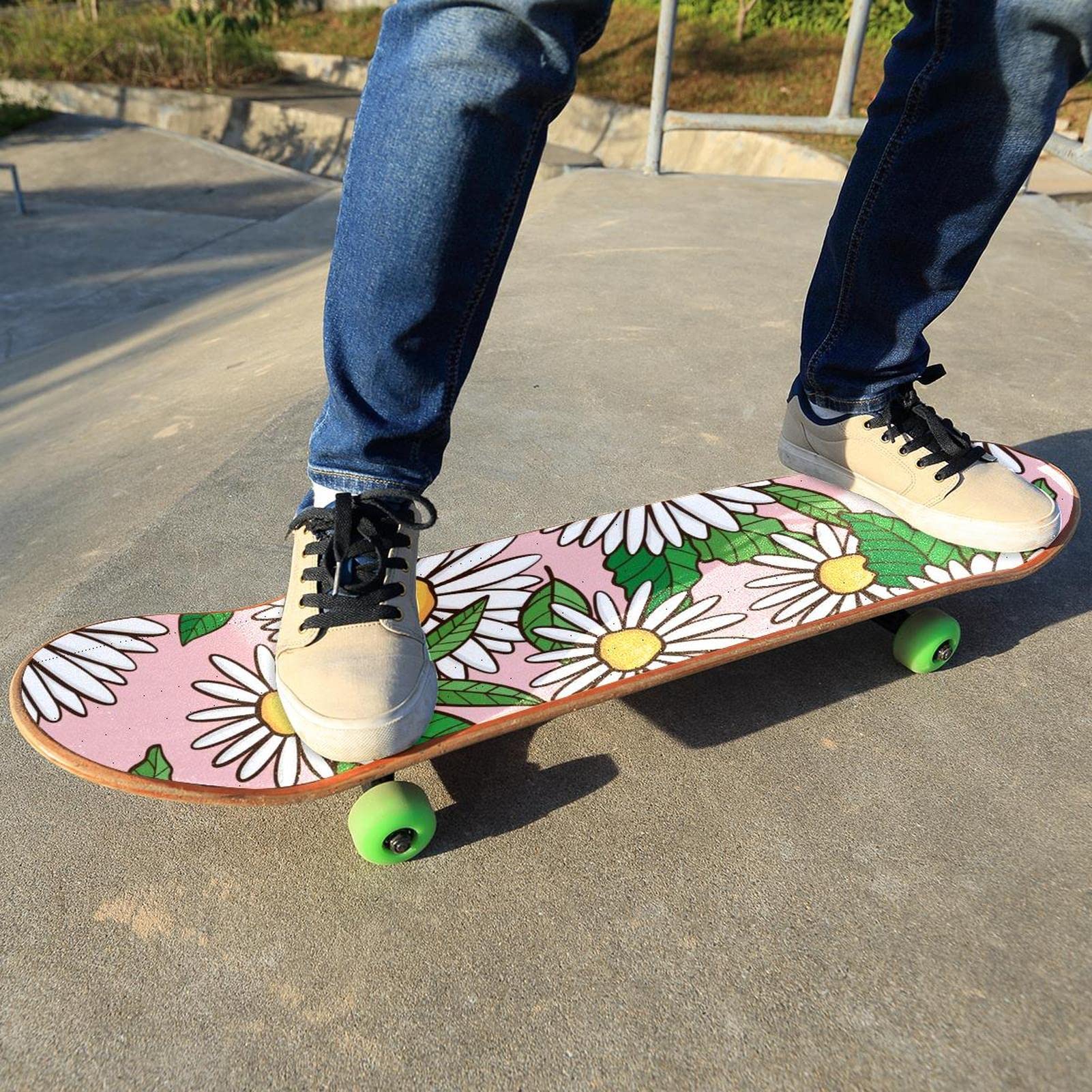 Lot de 2 feuilles de papier abrasif pour skateboard Motif marguerites Vert