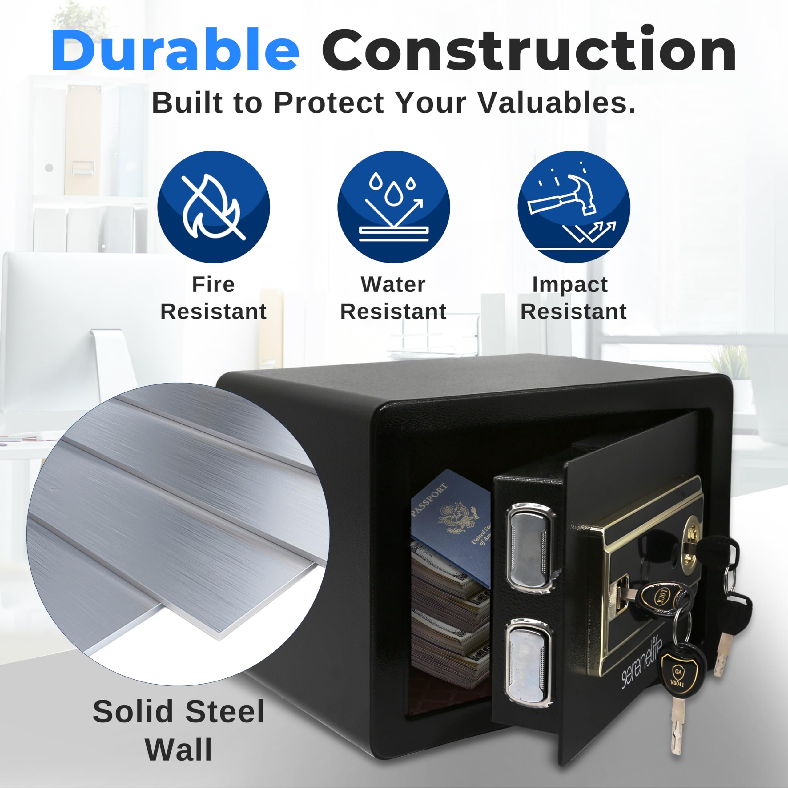 SereneLife Cassaforte, Cassaforte Piccola 39 x 25 x 25 cm con Accesso Impronta Digitale, Cassetta di Sicurezza Elettronica per Casa, Ufficio, Tastiera Touchscreen e 4 Chiavi