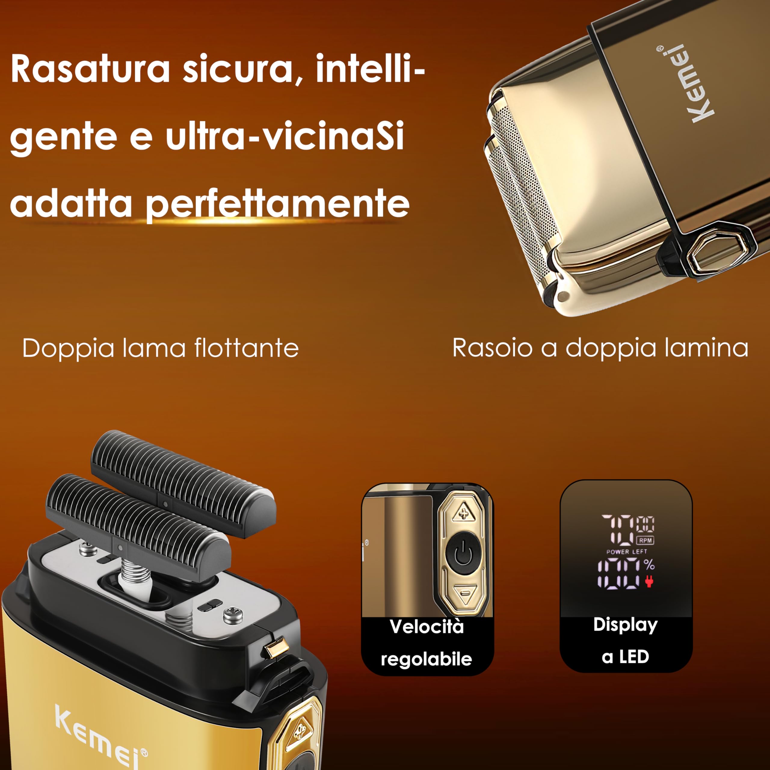 KEMEI Rasoio Elettrico a Lamina per Uomo con Doppia Lama Flessibile e Ricaricabile, Impermeabile, Dorato, Nero,Regali per la Festa Del Papà