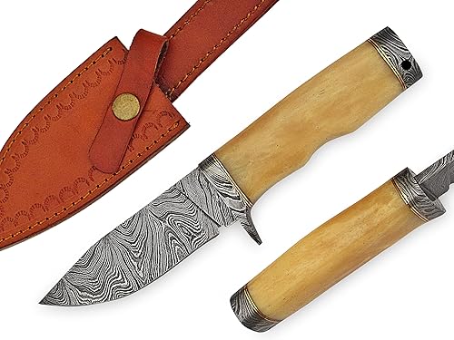SFG - Cuchillo Bowie de caza de hoja fija de 9 pulgadas, hoja de acero de damasco, mango de hueso de búfalo antideslizante, caza, camping,