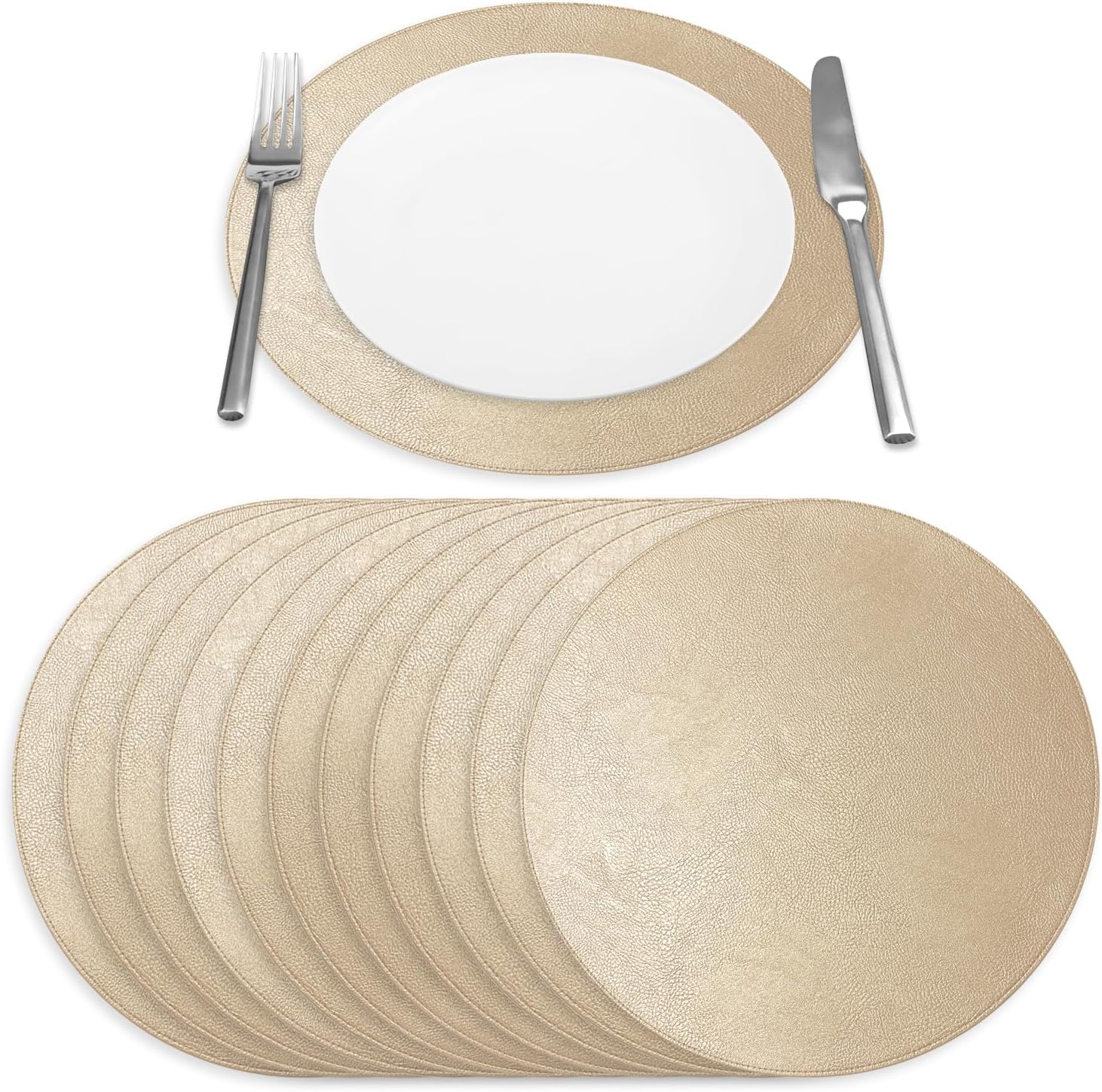 Morgan Faux Leather Set of 12 Placemats, 15" Round, Champagne, Heat Resistant, Stain Resistant, Non-Slip, Reversible, Durable Table Mats for Kitchen, Dining Table, Indoor Washable Use