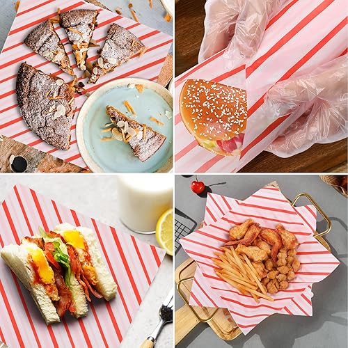 Vista 47 de Hojas de papel encerado de 12 x 12 pulgadas, 100 forros para cestas de alimentos para sándwiches, hamburguesas, envoltorios de alimentos Rayas