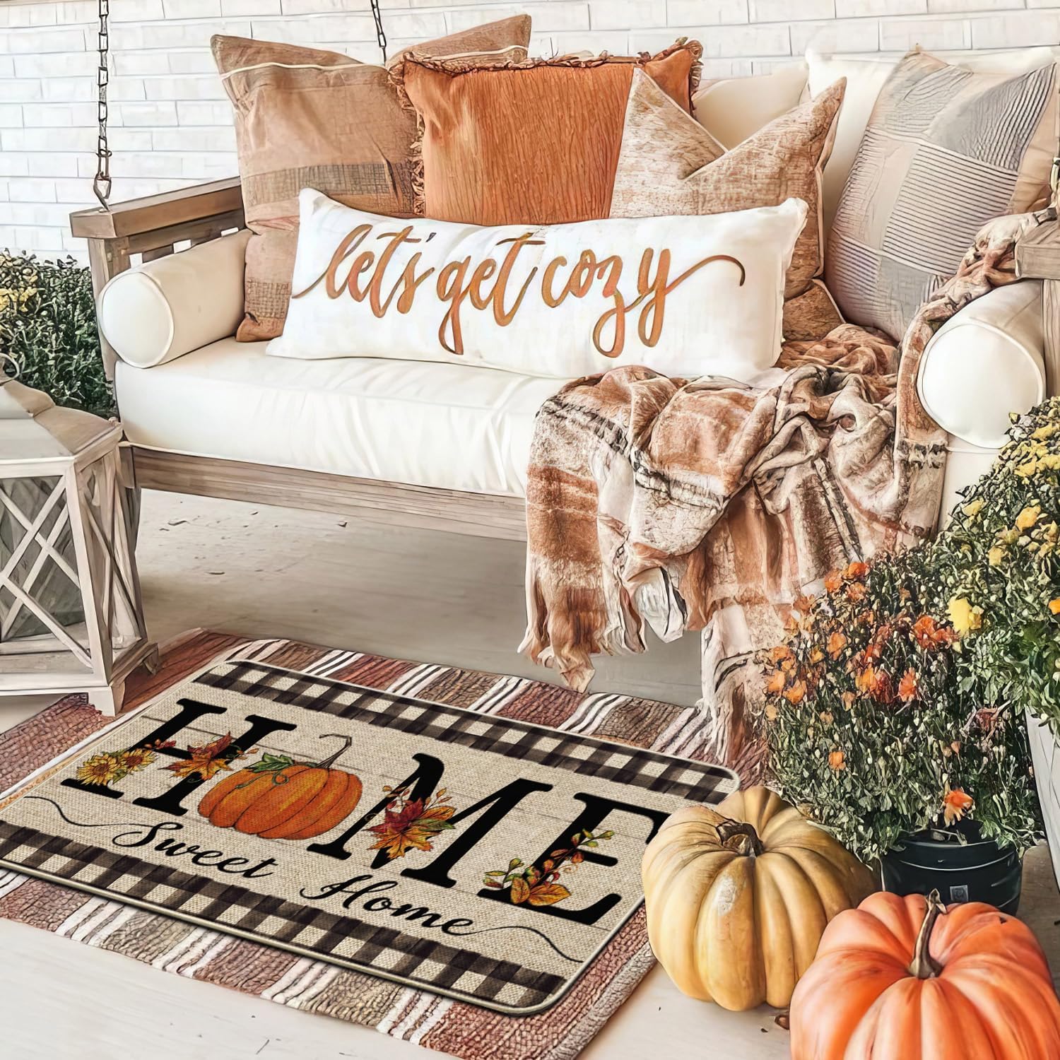 Baccessor Home Sweet Home Fall Doormat Rug Indoor Outdoor Autumn Leaf Thaksgiving Pumpkin Decorative Front Door Mat Non-Slip Rubber Backing Seasonal Kitchen Entrance Floor Decoration 17 x 29 Inch